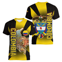 Colombia Heritage Women V-Neck T-Shirt with Yellow Black Flag Map and City Street Art - Wonder Print Shop