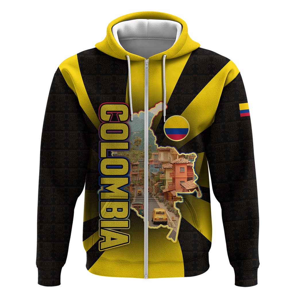Colombia Heritage Zip Hoodie with Yellow Black Flag Map and City Street Art - Wonder Print Shop