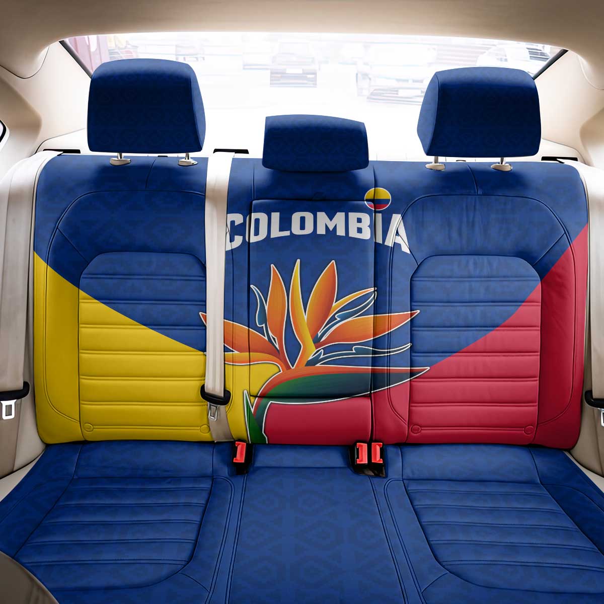 Colombia Heliconia Flower Back Car Seat Cover with Flag Colors and Blue Cultural Pattern Design - Wonder Print Shop