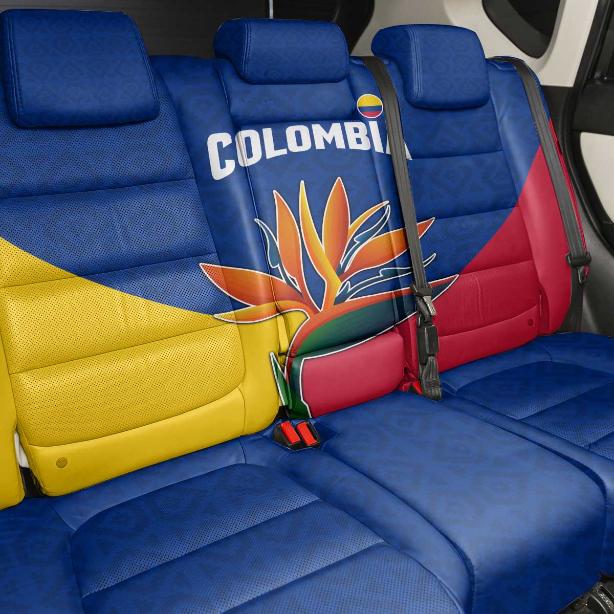 Colombia Heliconia Flower Back Car Seat Cover with Flag Colors and Blue Cultural Pattern Design - Wonder Print Shop