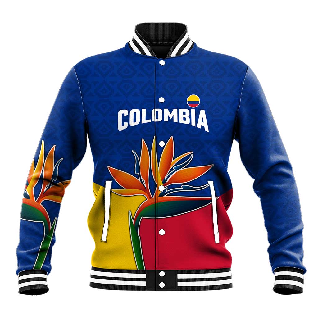 Colombia Heliconia Flower Baseball Jacket with Flag Colors and Blue Cultural Pattern Design - Wonder Print Shop