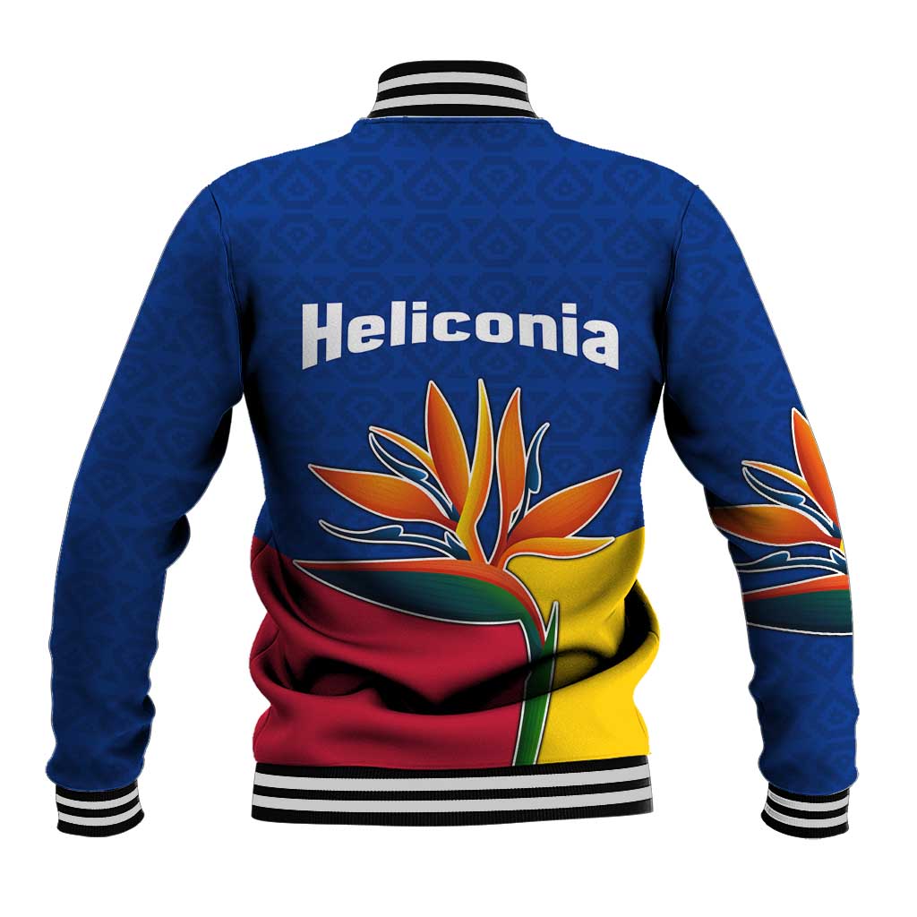 Colombia Heliconia Flower Baseball Jacket with Flag Colors and Blue Cultural Pattern Design - Wonder Print Shop