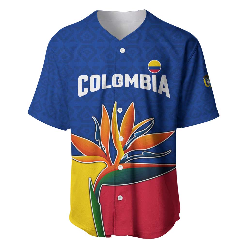 Colombia Heliconia Flower Baseball Jersey with Flag Colors and Blue Cultural Pattern Design - Wonder Print Shop
