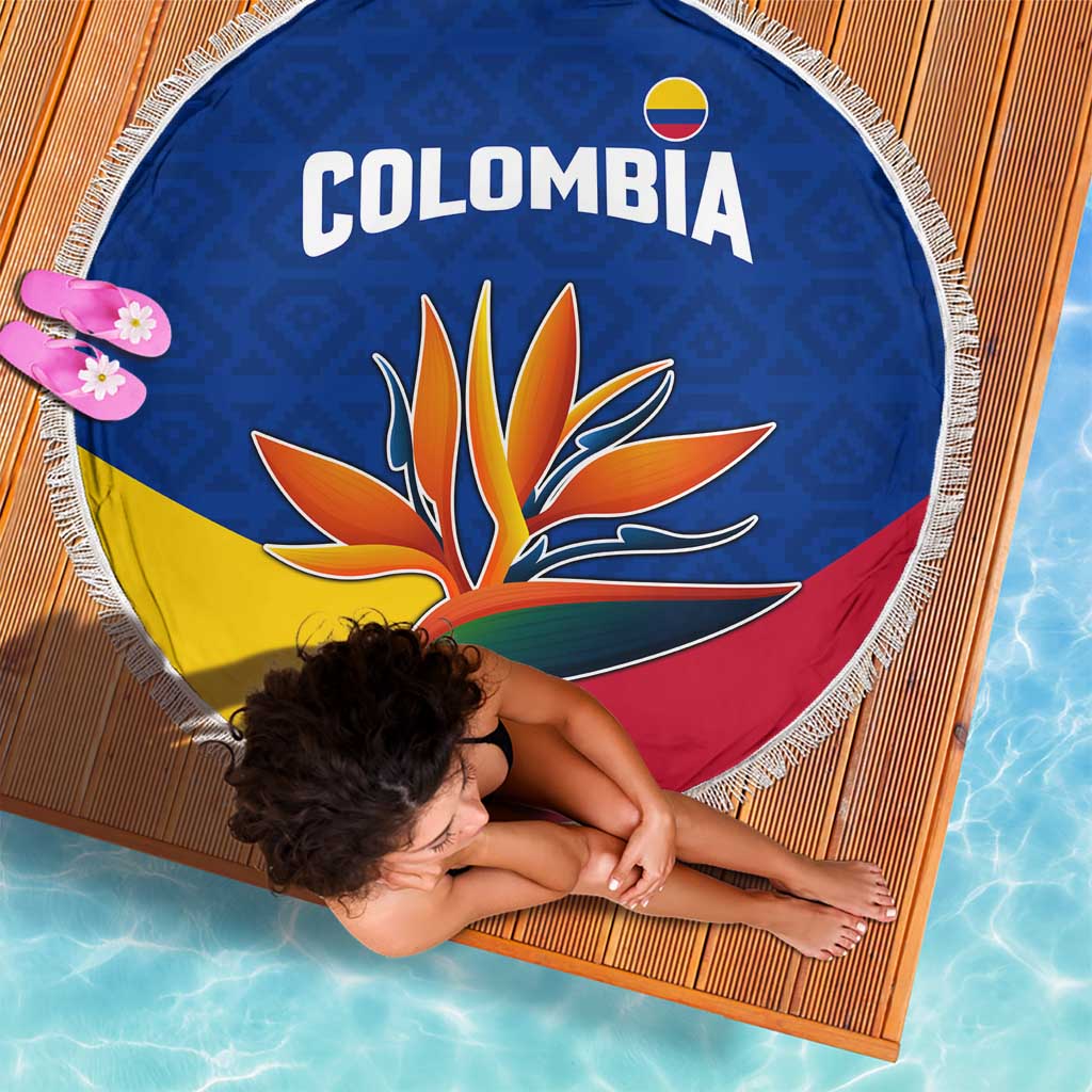 Colombia Heliconia Flower Beach Blanket with Flag Colors and Blue Cultural Pattern Design - Wonder Print Shop
