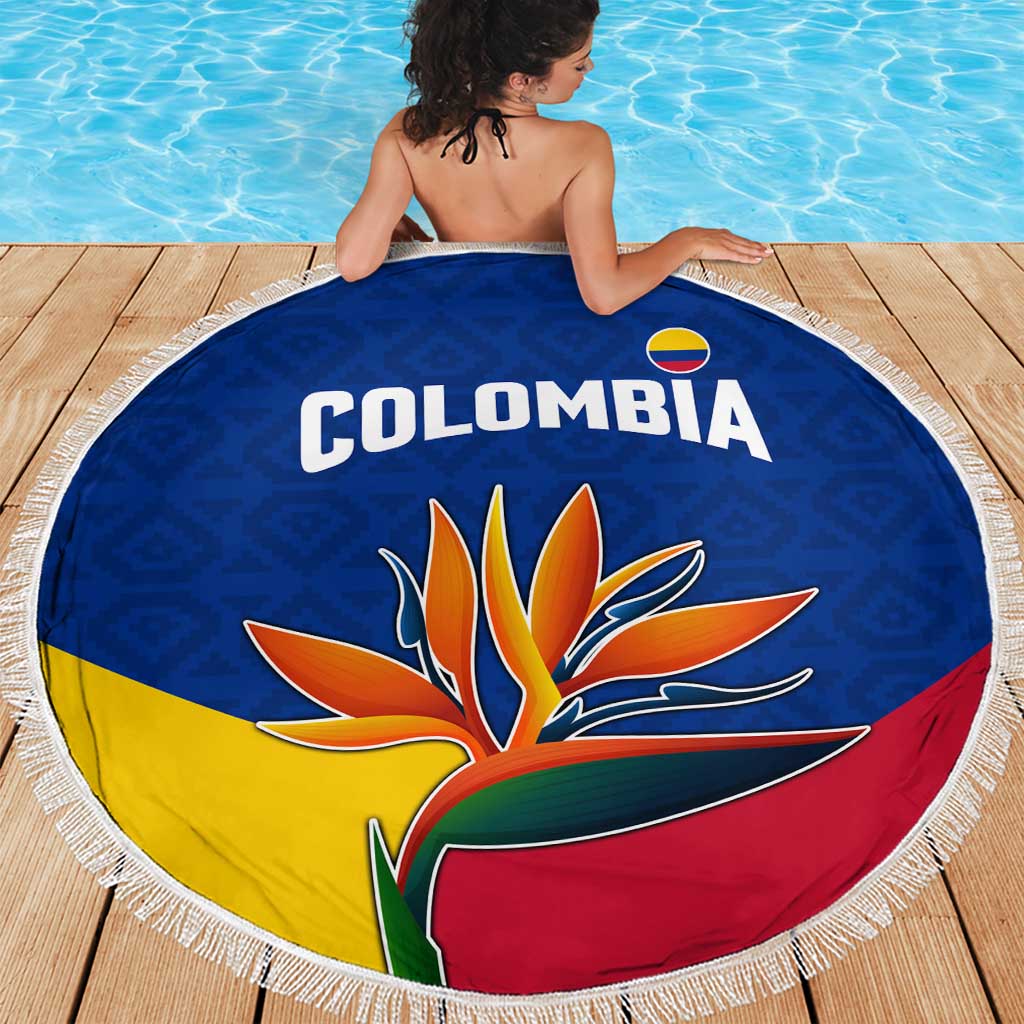 Colombia Heliconia Flower Beach Blanket with Flag Colors and Blue Cultural Pattern Design - Wonder Print Shop