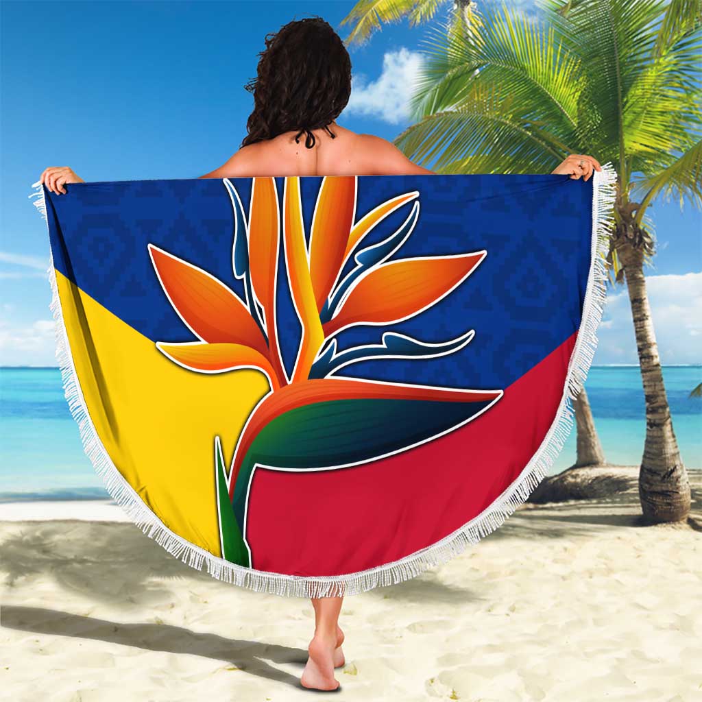 Colombia Heliconia Flower Beach Blanket with Flag Colors and Blue Cultural Pattern Design - Wonder Print Shop