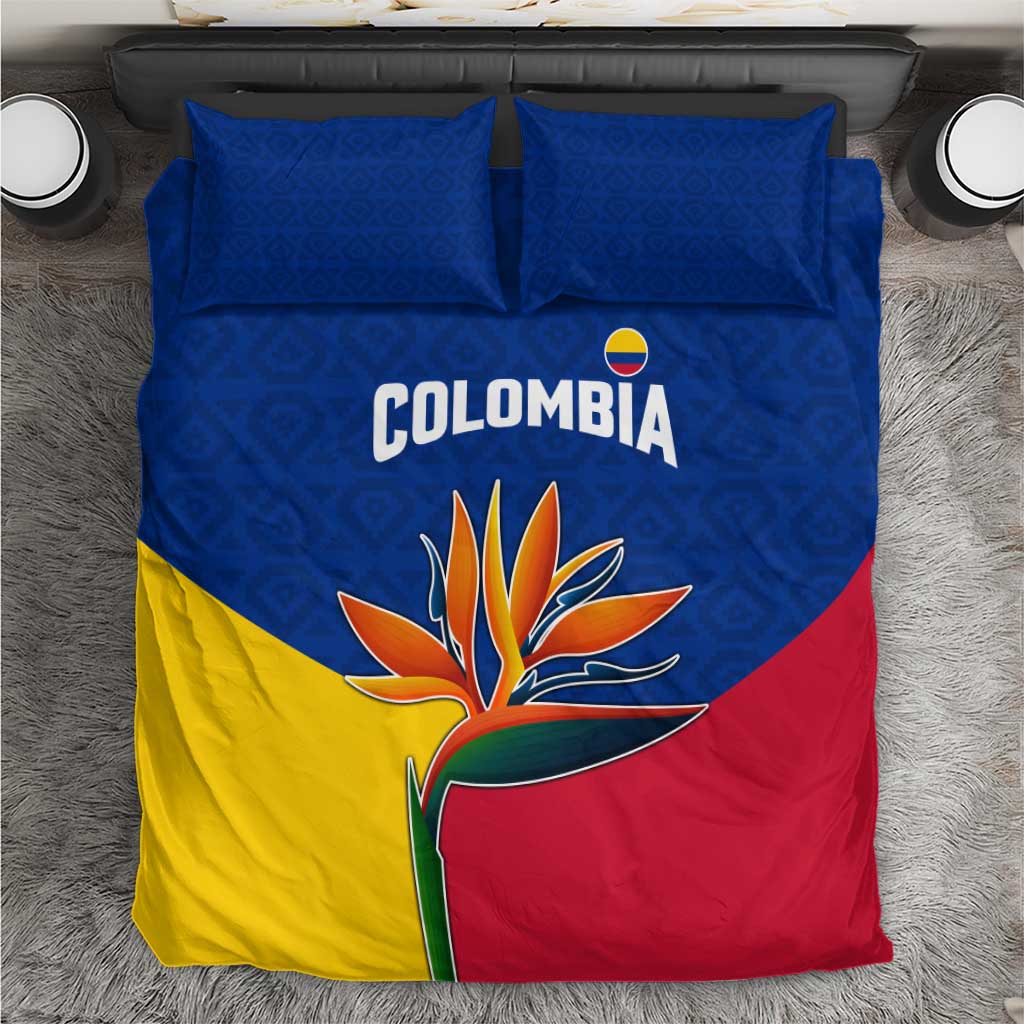 Colombia Heliconia Flower Bedding Set with Flag Colors and Blue Cultural Pattern Design - Wonder Print Shop