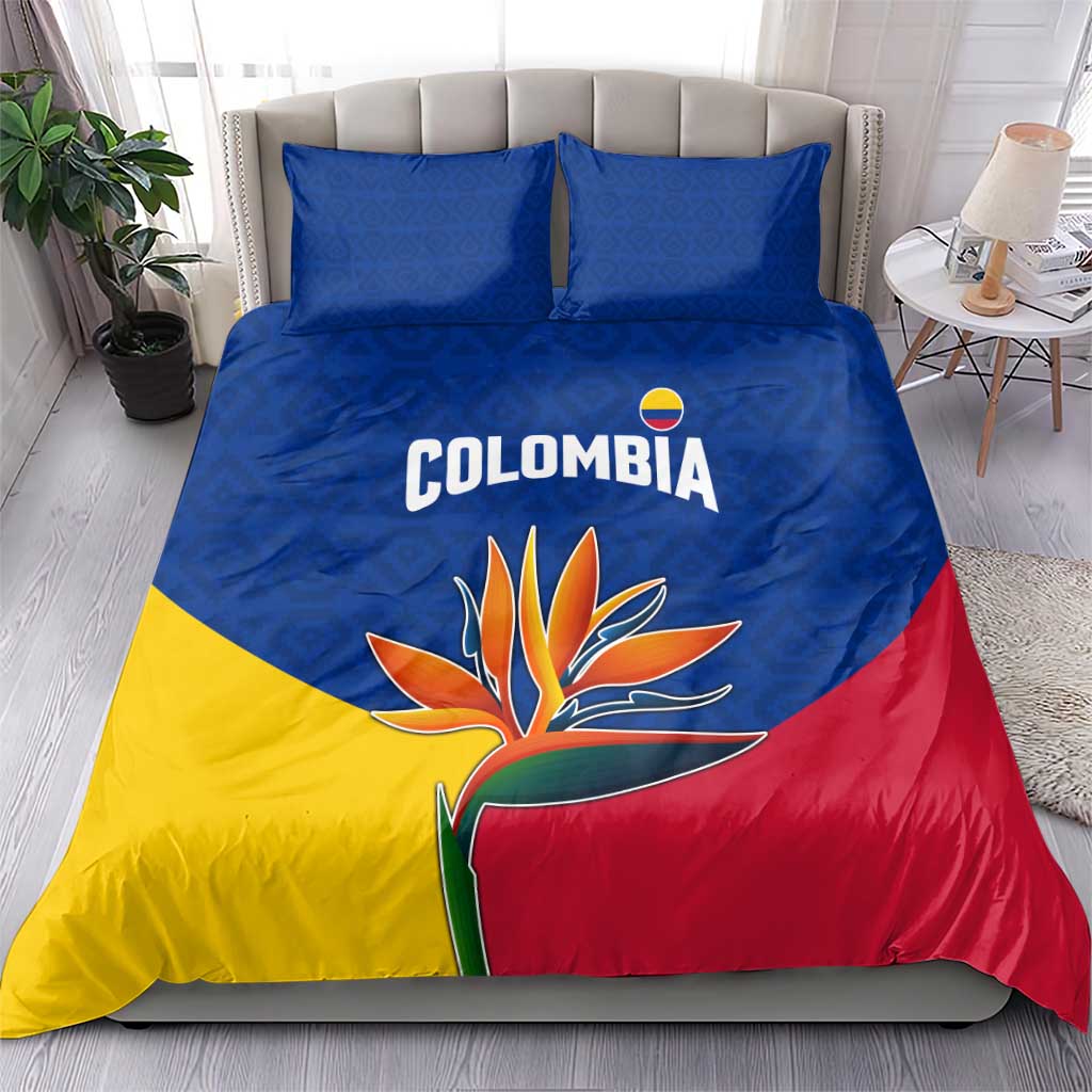 Colombia Heliconia Flower Bedding Set with Flag Colors and Blue Cultural Pattern Design - Wonder Print Shop