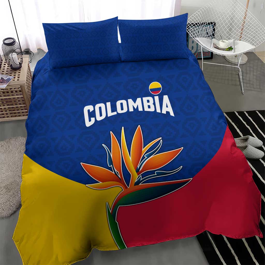 Colombia Heliconia Flower Bedding Set with Flag Colors and Blue Cultural Pattern Design - Wonder Print Shop