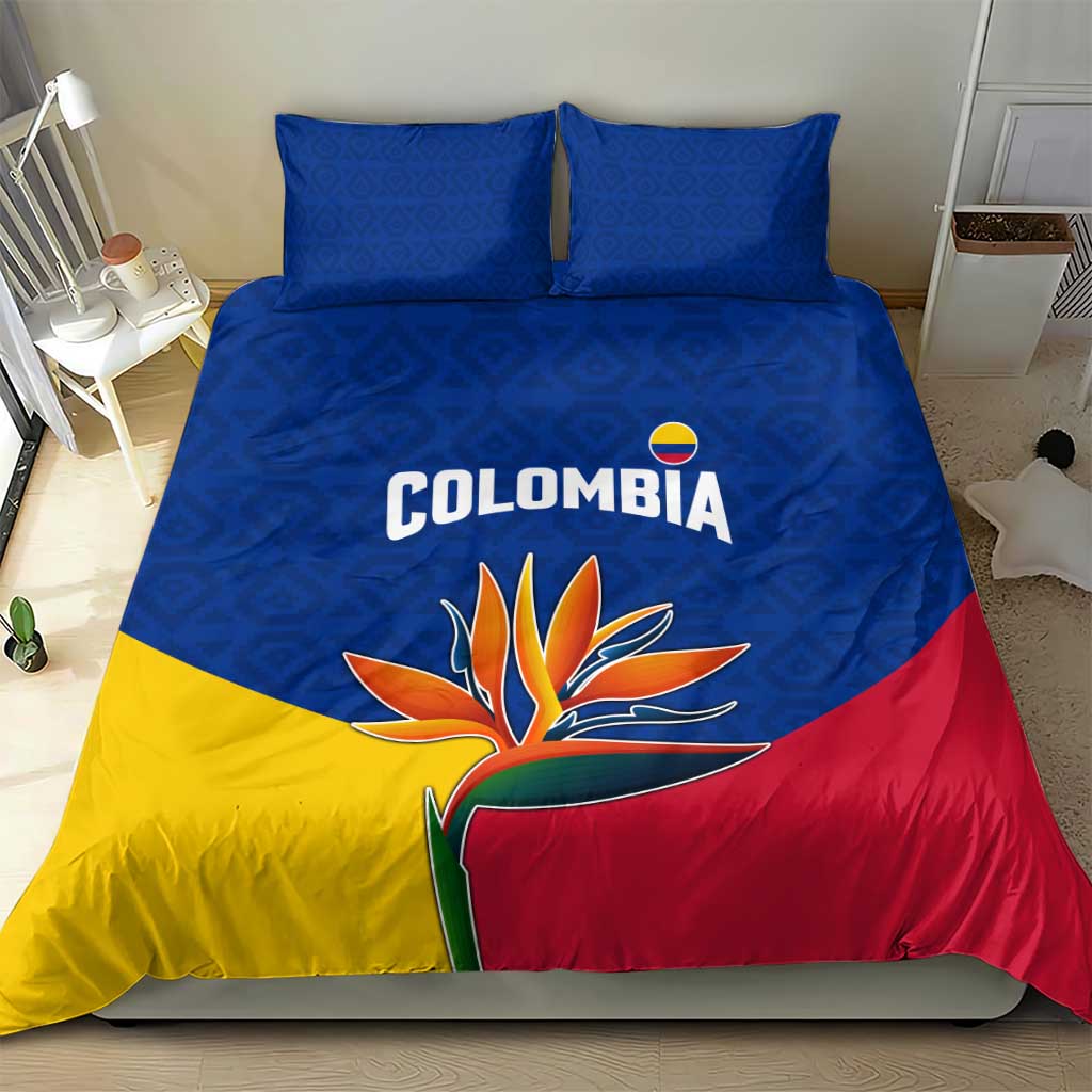 Colombia Heliconia Flower Bedding Set with Flag Colors and Blue Cultural Pattern Design - Wonder Print Shop