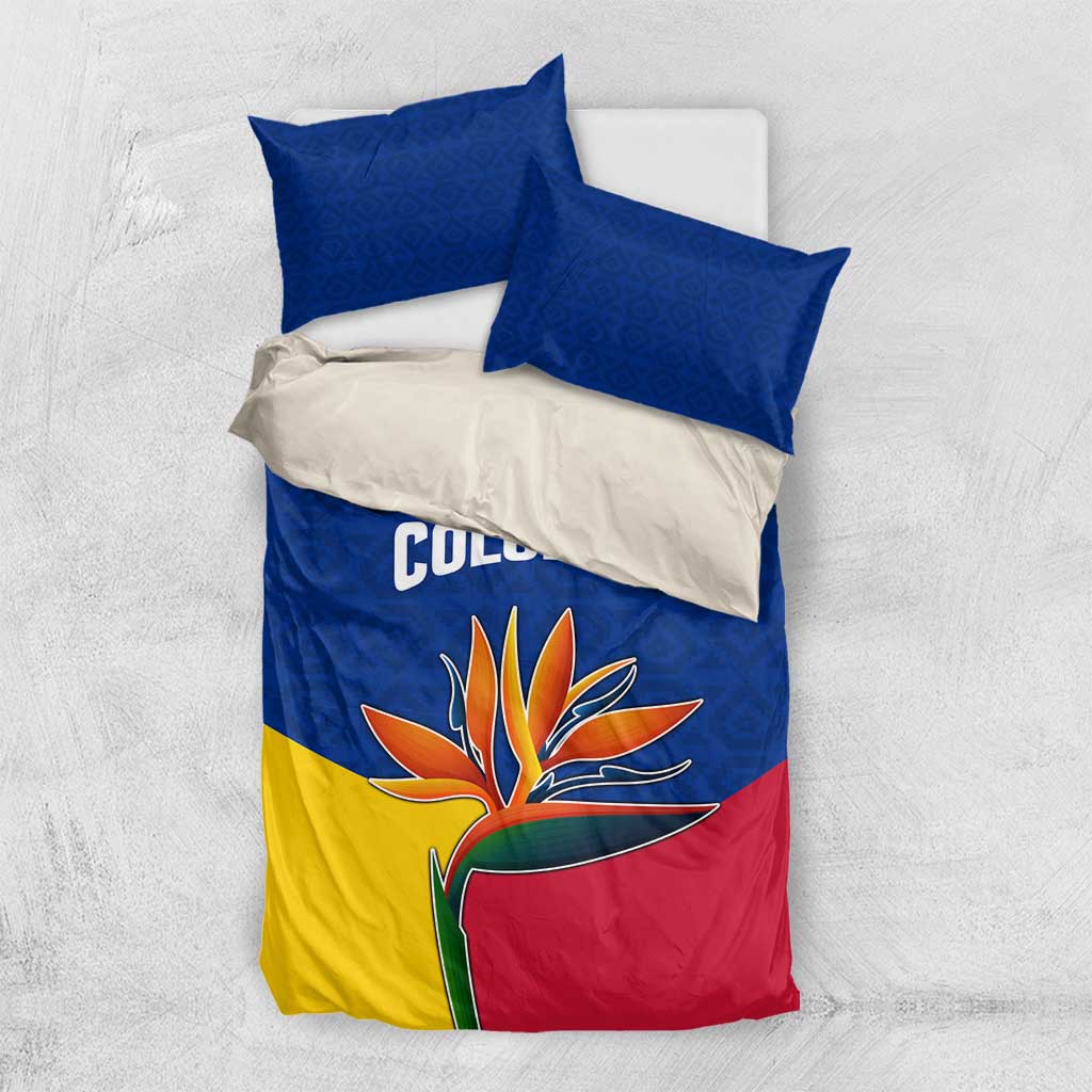 Colombia Heliconia Flower Bedding Set with Flag Colors and Blue Cultural Pattern Design - Wonder Print Shop