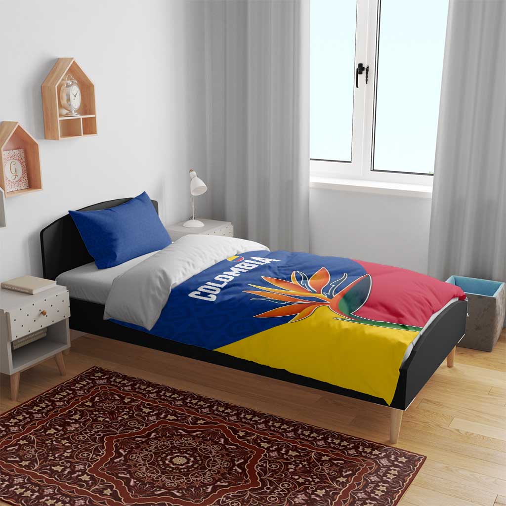 Colombia Heliconia Flower Bedding Set with Flag Colors and Blue Cultural Pattern Design - Wonder Print Shop