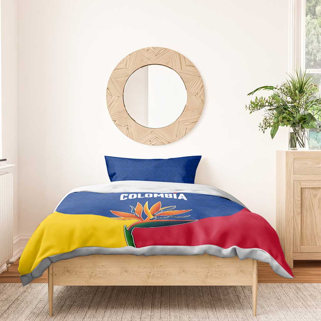 Colombia Heliconia Flower Bedding Set with Flag Colors and Blue Cultural Pattern Design - Wonder Print Shop