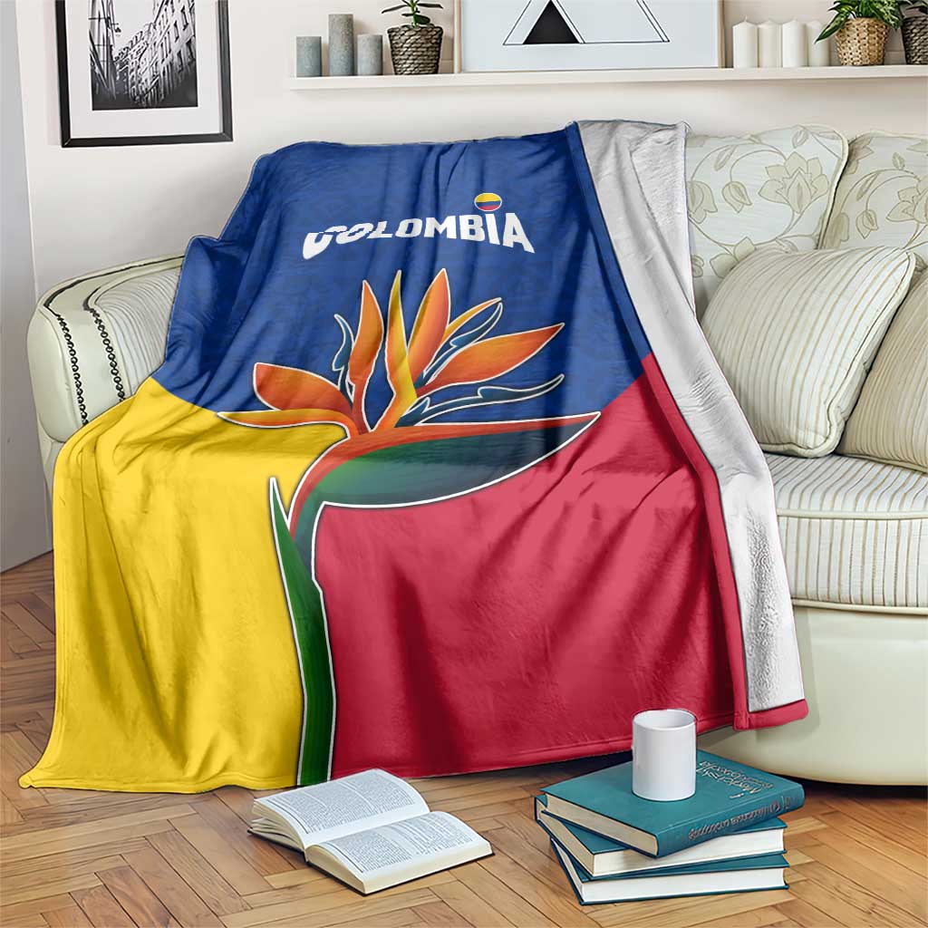 Colombia Heliconia Flower Blanket with Flag Colors and Blue Cultural Pattern Design - Wonder Print Shop