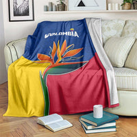 Colombia Heliconia Flower Blanket with Flag Colors and Blue Cultural Pattern Design - Wonder Print Shop