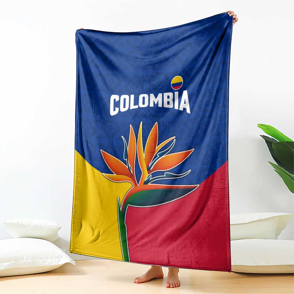 Colombia Heliconia Flower Blanket with Flag Colors and Blue Cultural Pattern Design - Wonder Print Shop
