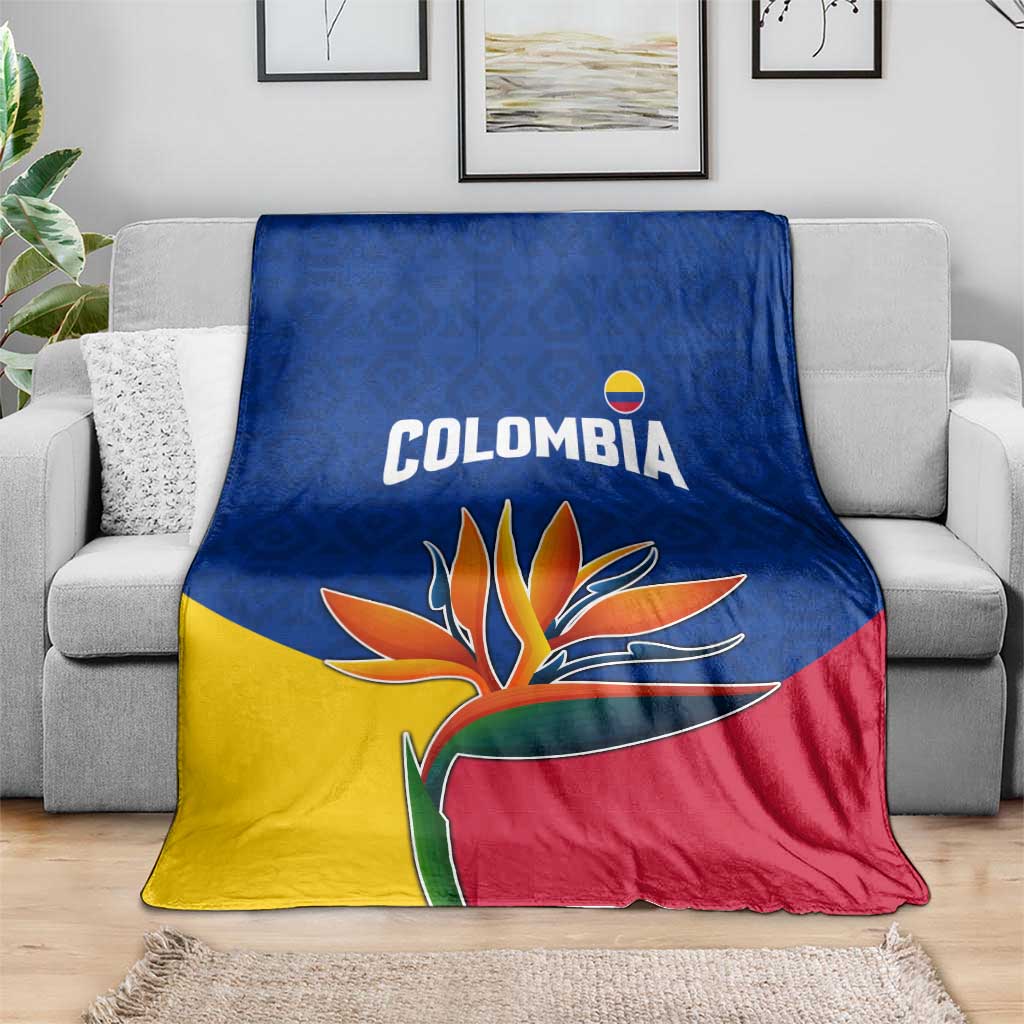 Colombia Heliconia Flower Blanket with Flag Colors and Blue Cultural Pattern Design - Wonder Print Shop