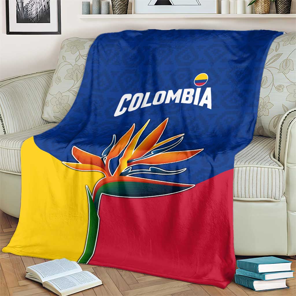 Colombia Heliconia Flower Blanket with Flag Colors and Blue Cultural Pattern Design - Wonder Print Shop