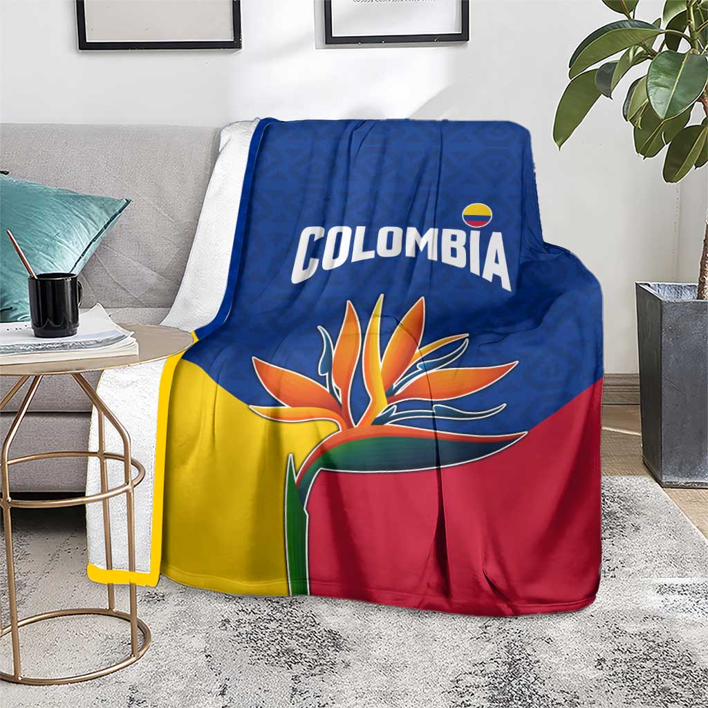 Colombia Heliconia Flower Blanket with Flag Colors and Blue Cultural Pattern Design - Wonder Print Shop