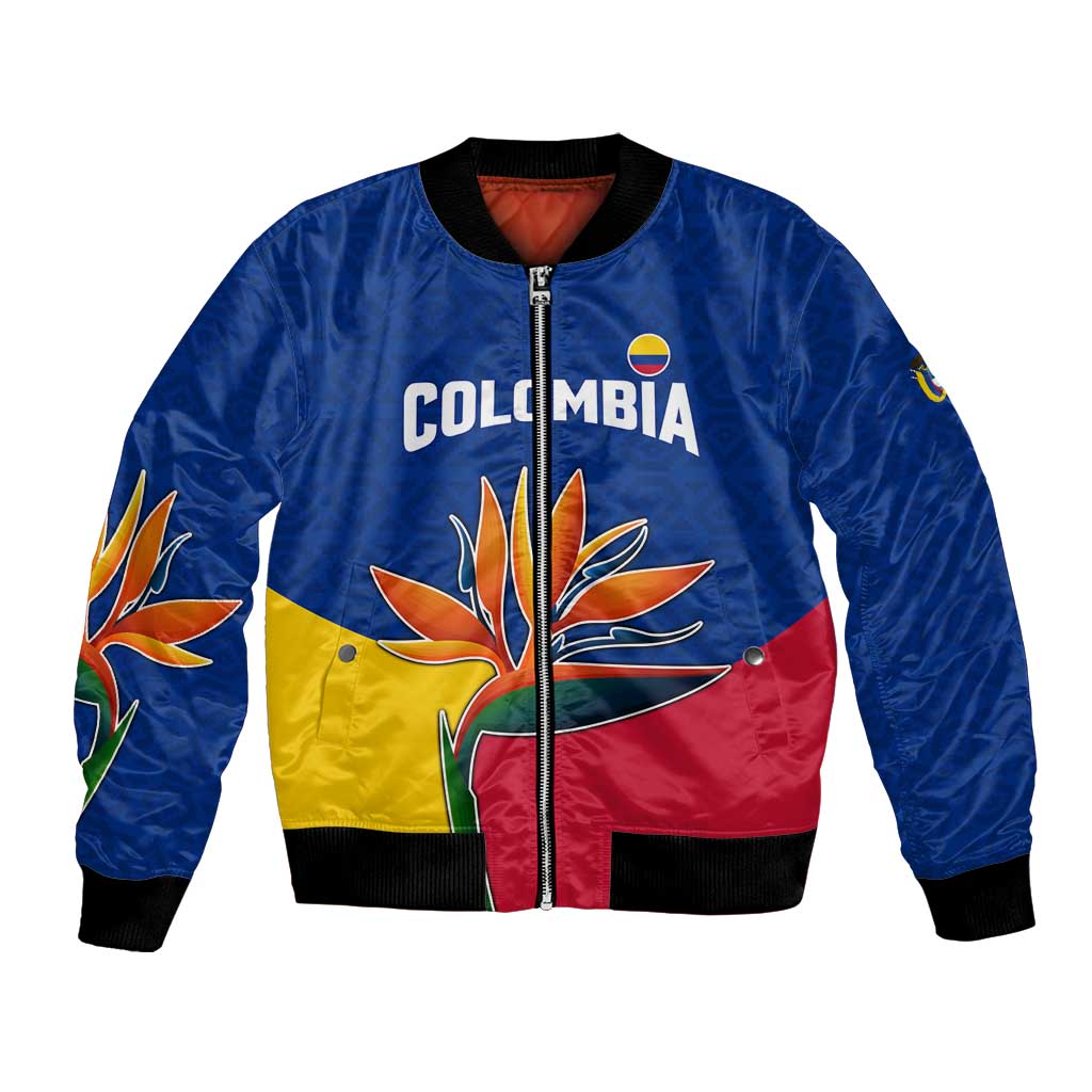 Colombia Heliconia Flower Bomber Jacket with Flag Colors and Blue Cultural Pattern Design - Wonder Print Shop