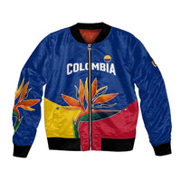 Colombia Heliconia Flower Bomber Jacket with Flag Colors and Blue Cultural Pattern Design - Wonder Print Shop