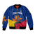Colombia Heliconia Flower Bomber Jacket with Flag Colors and Blue Cultural Pattern Design - Wonder Print Shop