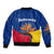 Colombia Heliconia Flower Bomber Jacket with Flag Colors and Blue Cultural Pattern Design - Wonder Print Shop