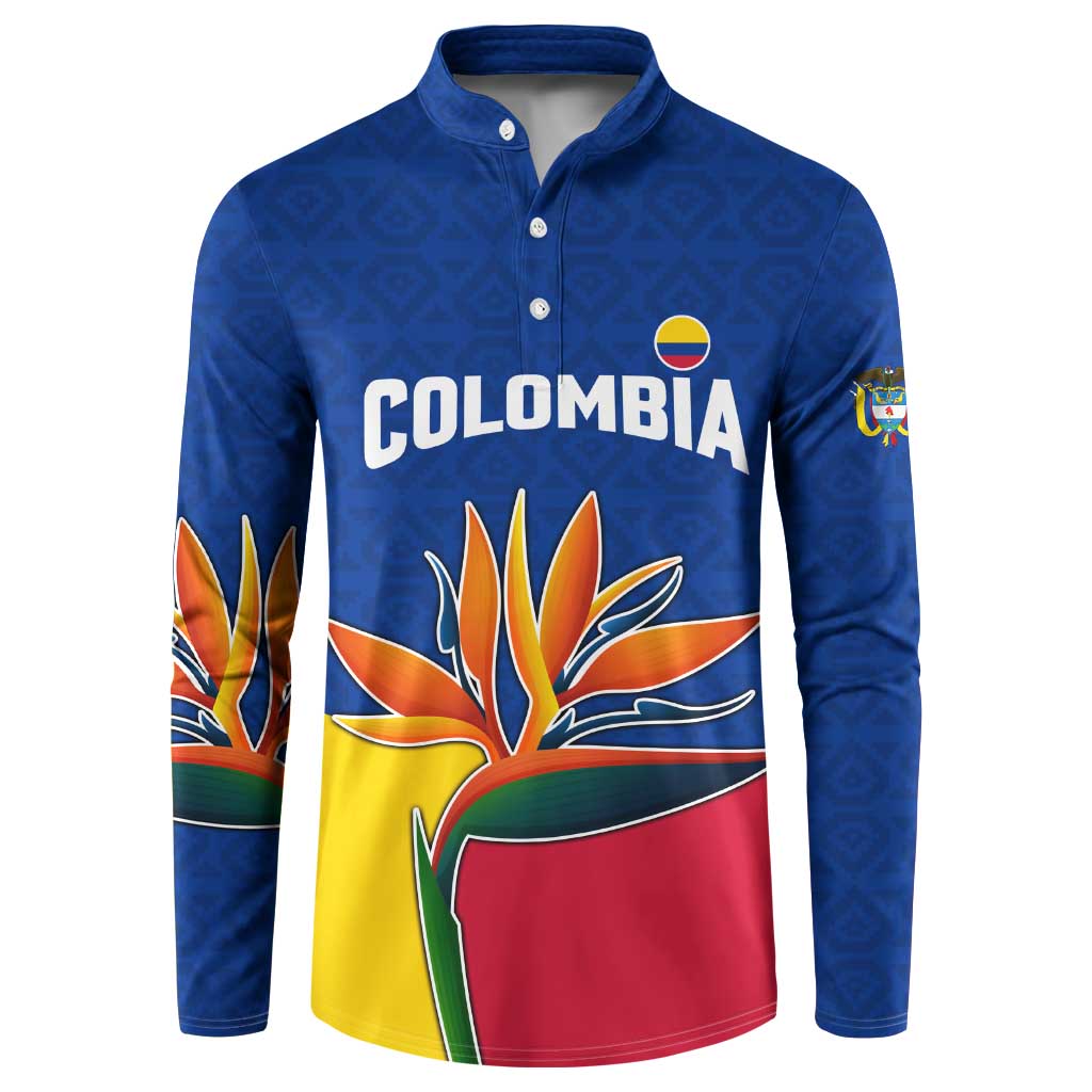 Colombia Heliconia Flower Button Sweatshirt with Flag Colors and Blue Cultural Pattern Design - Wonder Print Shop