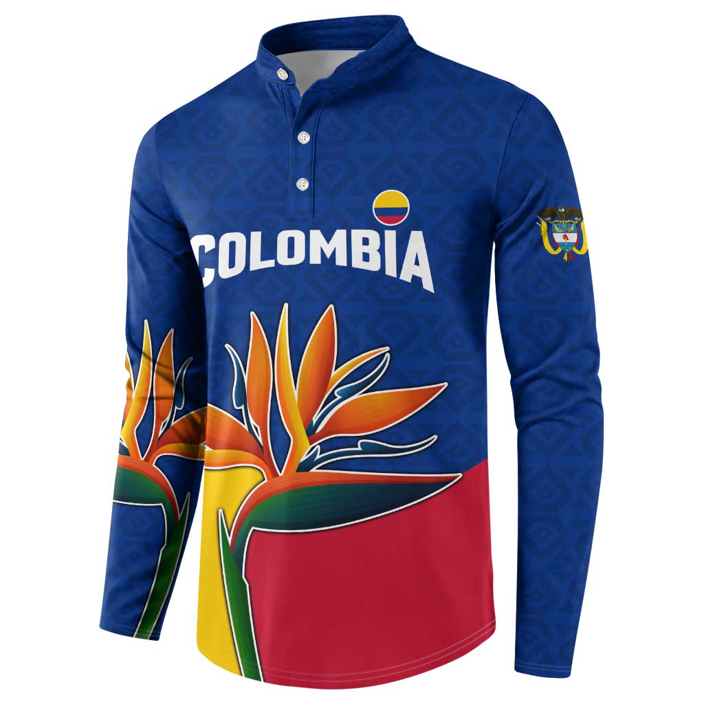 Colombia Heliconia Flower Button Sweatshirt with Flag Colors and Blue Cultural Pattern Design - Wonder Print Shop