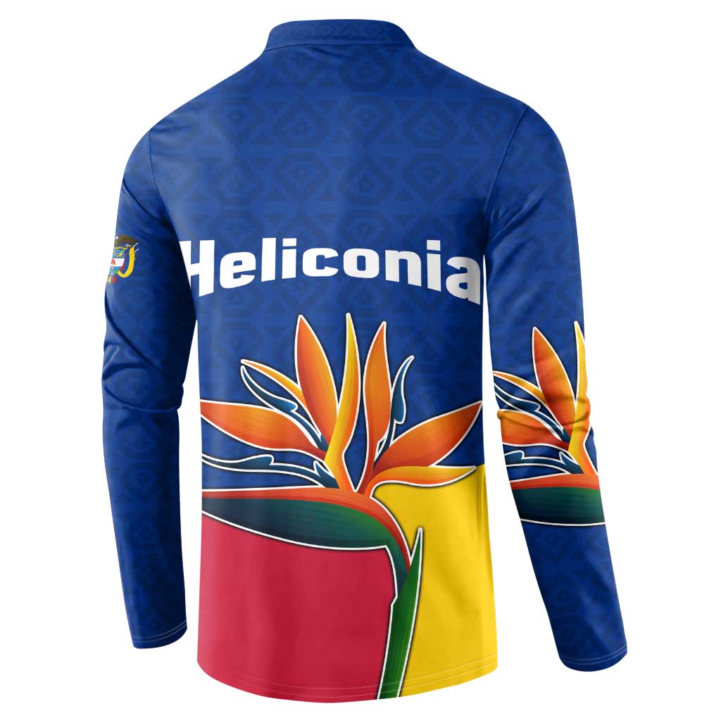 Colombia Heliconia Flower Button Sweatshirt with Flag Colors and Blue Cultural Pattern Design - Wonder Print Shop