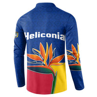 Colombia Heliconia Flower Button Sweatshirt with Flag Colors and Blue Cultural Pattern Design - Wonder Print Shop