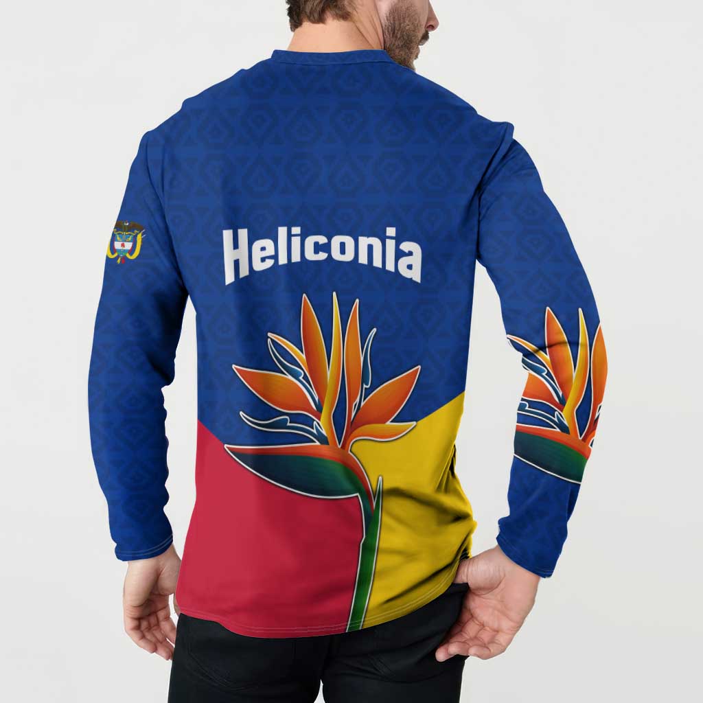 Colombia Heliconia Flower Button Sweatshirt with Flag Colors and Blue Cultural Pattern Design - Wonder Print Shop