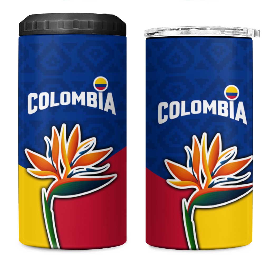 Colombia Heliconia Flower 4 in 1 Can Cooler Tumbler with Flag Colors and Blue Cultural Pattern Design - Wonder Print Shop