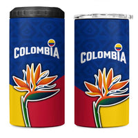 Colombia Heliconia Flower 4 in 1 Can Cooler Tumbler with Flag Colors and Blue Cultural Pattern Design - Wonder Print Shop