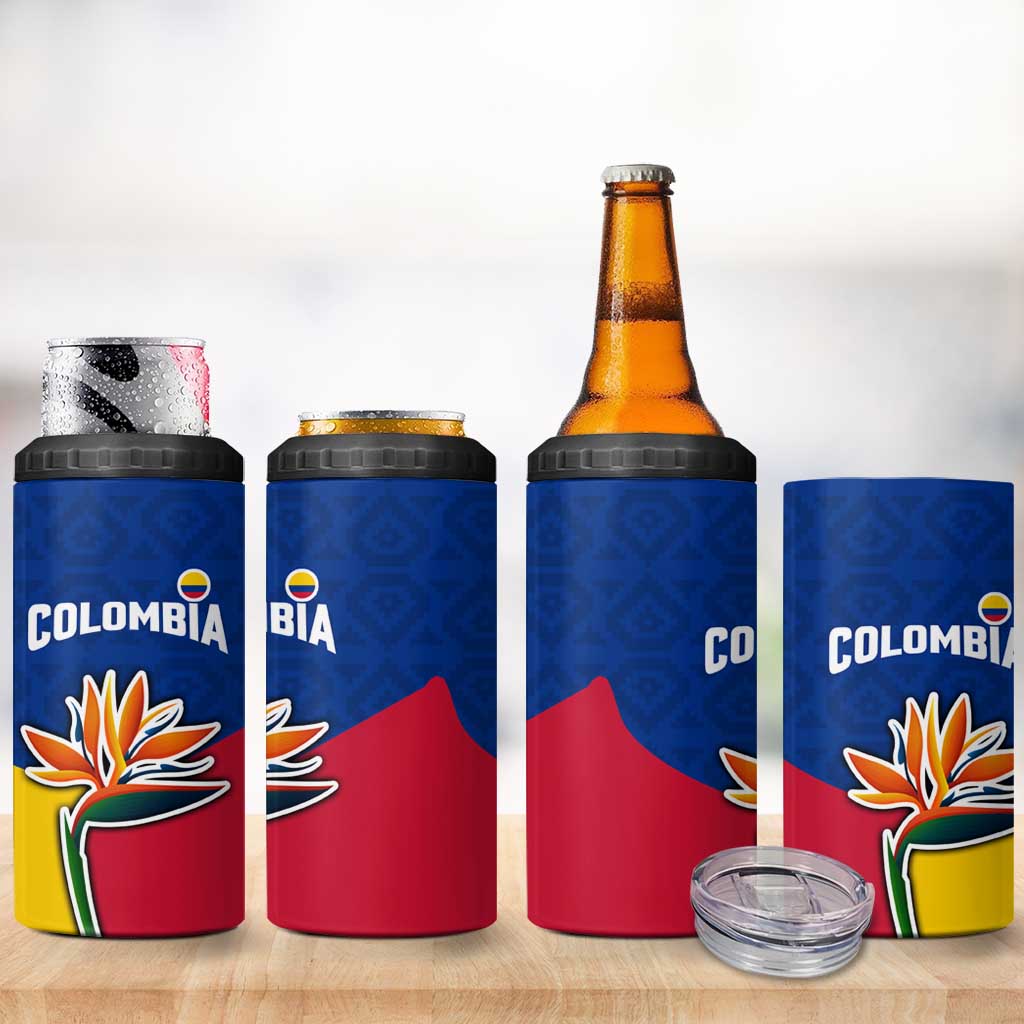 Colombia Heliconia Flower 4 in 1 Can Cooler Tumbler with Flag Colors and Blue Cultural Pattern Design - Wonder Print Shop