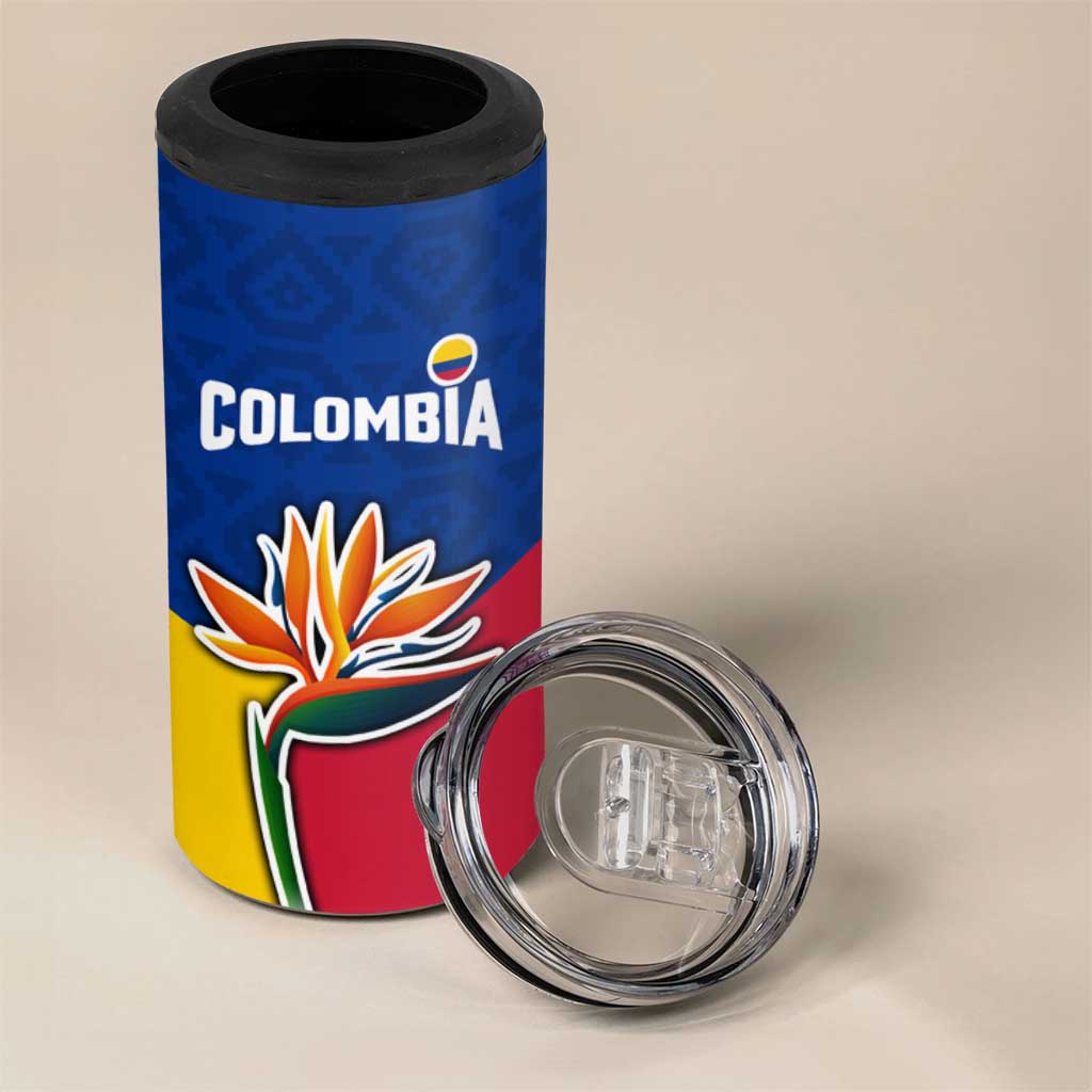 Colombia Heliconia Flower 4 in 1 Can Cooler Tumbler with Flag Colors and Blue Cultural Pattern Design - Wonder Print Shop