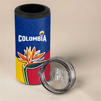 Colombia Heliconia Flower 4 in 1 Can Cooler Tumbler with Flag Colors and Blue Cultural Pattern Design - Wonder Print Shop