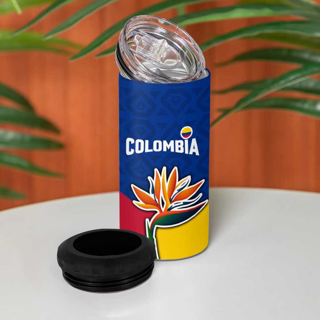 Colombia Heliconia Flower 4 in 1 Can Cooler Tumbler with Flag Colors and Blue Cultural Pattern Design - Wonder Print Shop