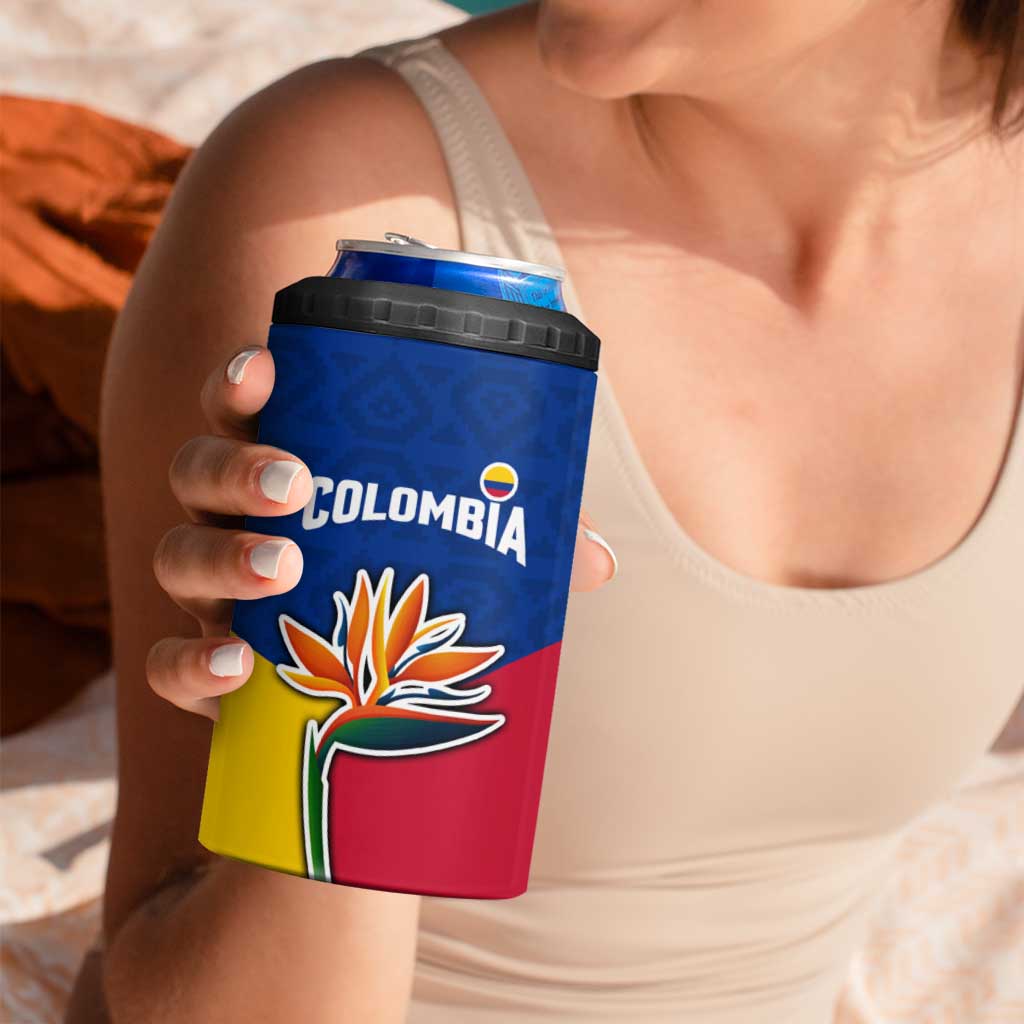 Colombia Heliconia Flower 4 in 1 Can Cooler Tumbler with Flag Colors and Blue Cultural Pattern Design - Wonder Print Shop