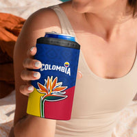 Colombia Heliconia Flower 4 in 1 Can Cooler Tumbler with Flag Colors and Blue Cultural Pattern Design - Wonder Print Shop