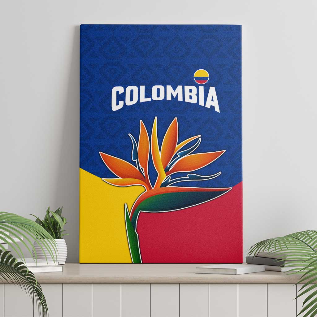 Colombia Heliconia Flower Canvas Wall Art with Flag Colors and Blue Cultural Pattern Design - Wonder Print Shop