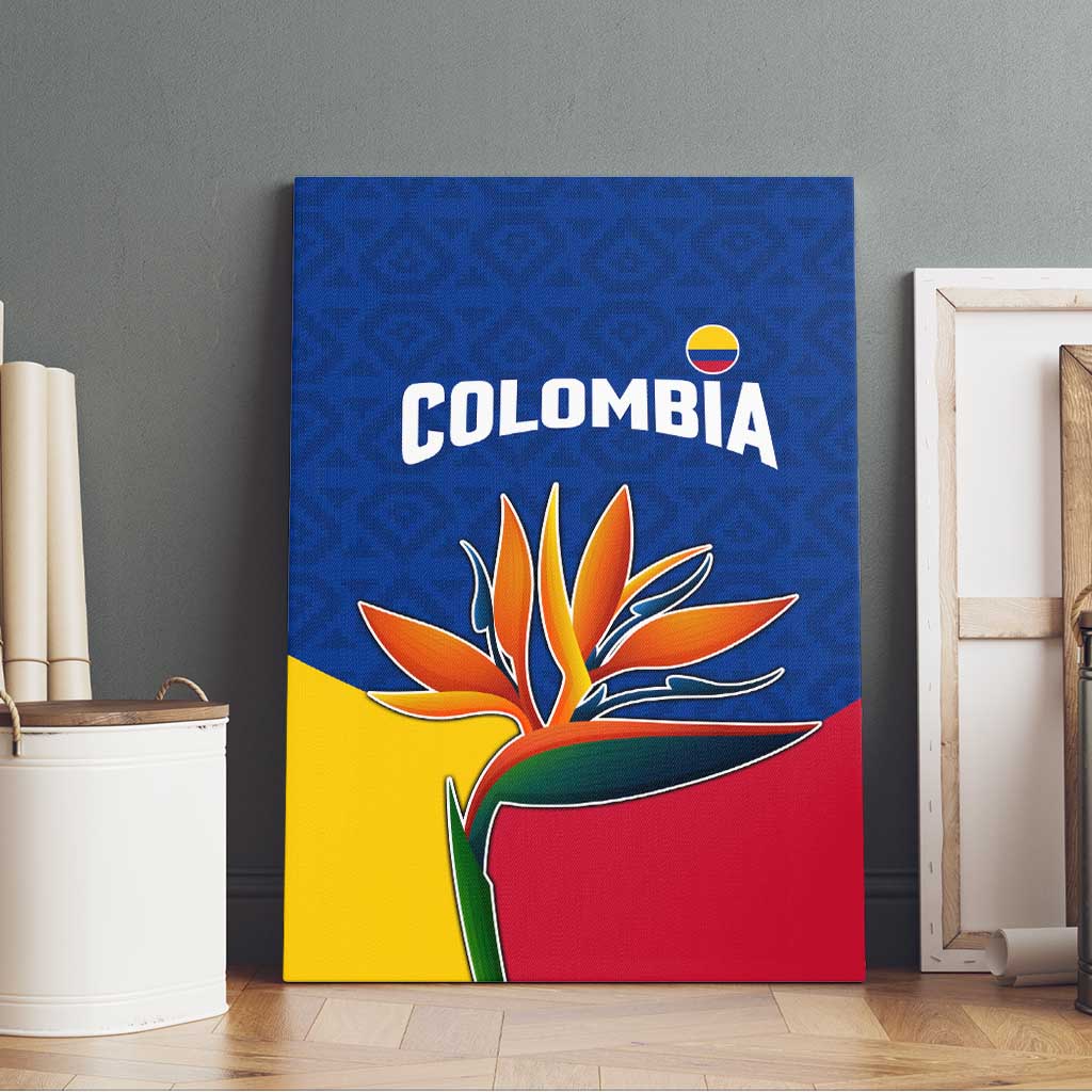 Colombia Heliconia Flower Canvas Wall Art with Flag Colors and Blue Cultural Pattern Design - Wonder Print Shop