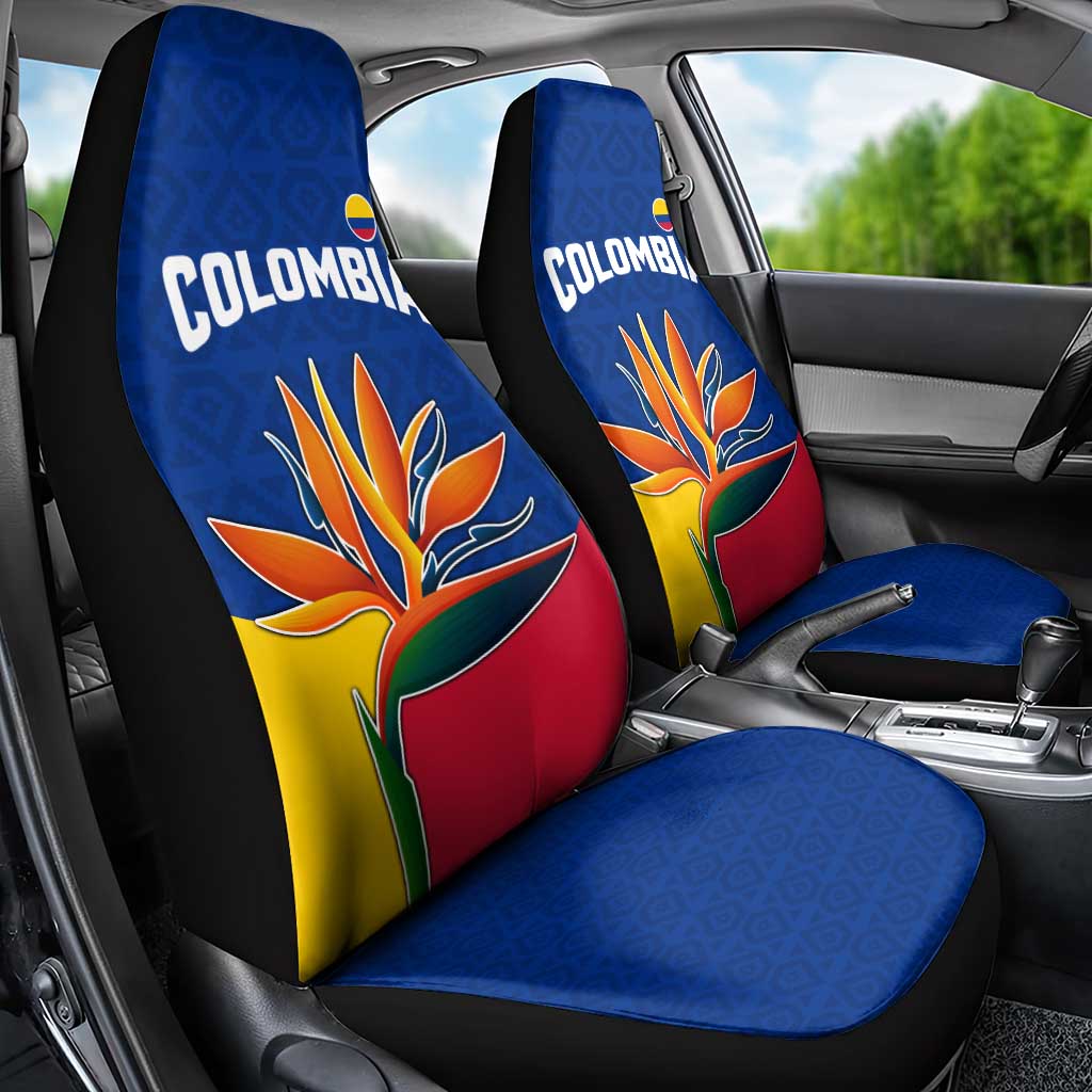 Colombia Heliconia Flower Car Seat Cover with Flag Colors and Blue Cultural Pattern Design - Wonder Print Shop