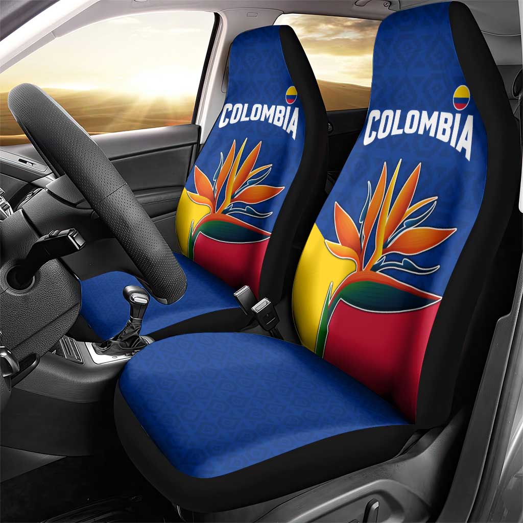 Colombia Heliconia Flower Car Seat Cover with Flag Colors and Blue Cultural Pattern Design - Wonder Print Shop