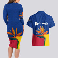 Colombia Heliconia Flower Couples Matching Long Sleeve Bodycon Dress and Hawaiian Shirt with Flag Colors and Blue Cultural Pattern Design - Wonder Print Shop
