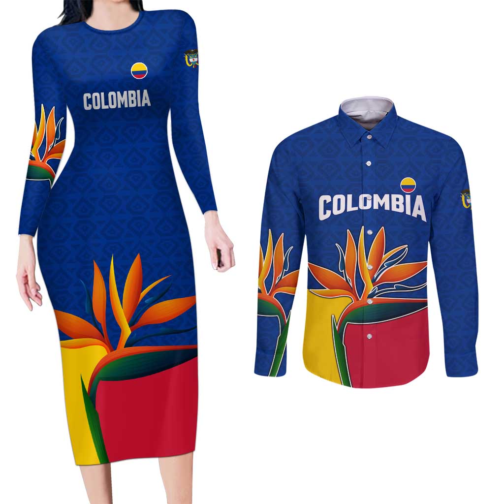 Colombia Heliconia Flower Couples Matching Long Sleeve Bodycon Dress and Long Sleeve Button Shirt with Flag Colors and Blue Cultural Pattern Design - Wonder Print Shop