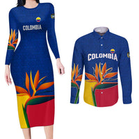 Colombia Heliconia Flower Couples Matching Long Sleeve Bodycon Dress and Long Sleeve Button Shirt with Flag Colors and Blue Cultural Pattern Design - Wonder Print Shop