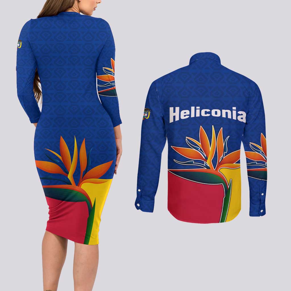 Colombia Heliconia Flower Couples Matching Long Sleeve Bodycon Dress and Long Sleeve Button Shirt with Flag Colors and Blue Cultural Pattern Design - Wonder Print Shop