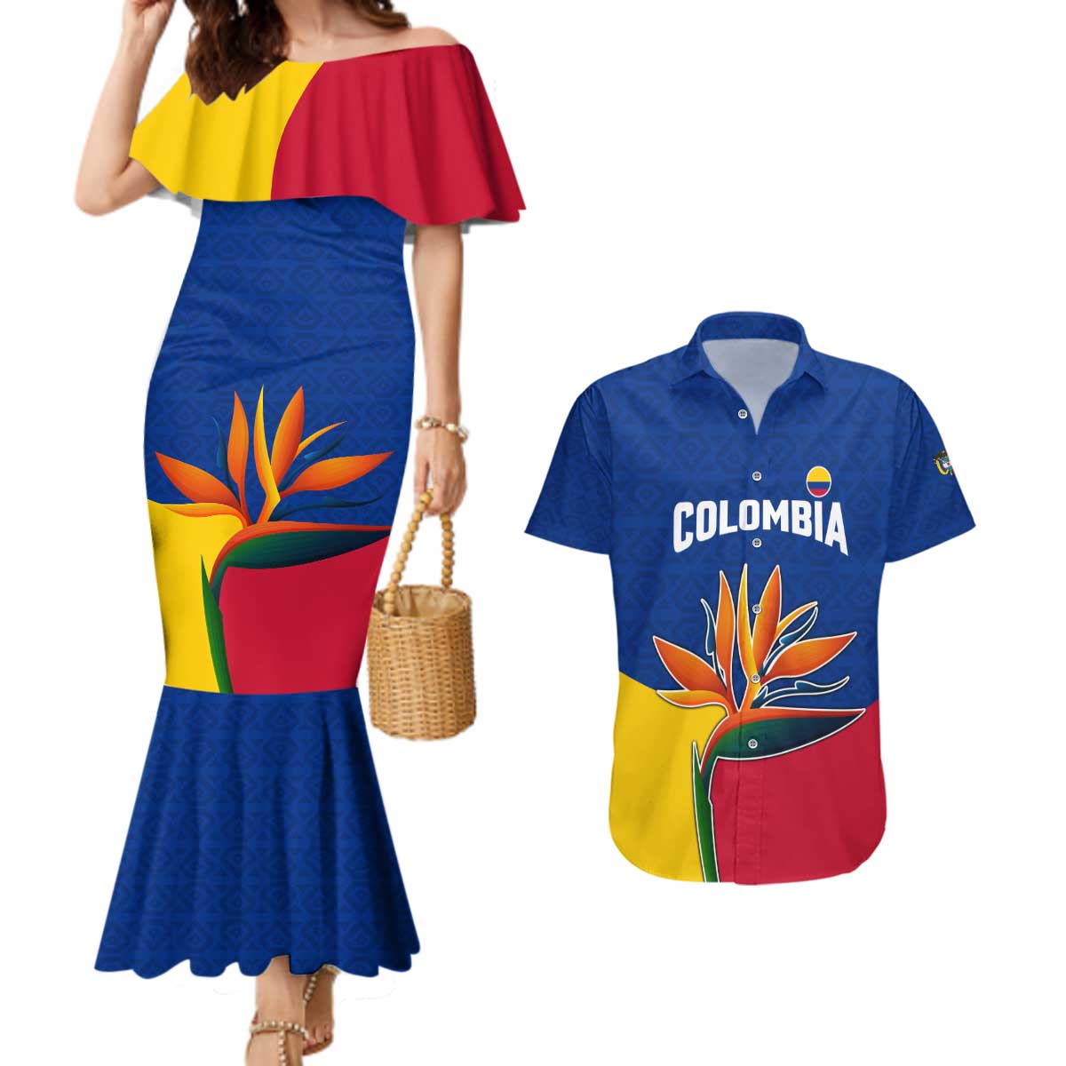 Colombia Heliconia Flower Couples Matching Mermaid Dress and Hawaiian Shirt with Flag Colors and Blue Cultural Pattern Design - Wonder Print Shop