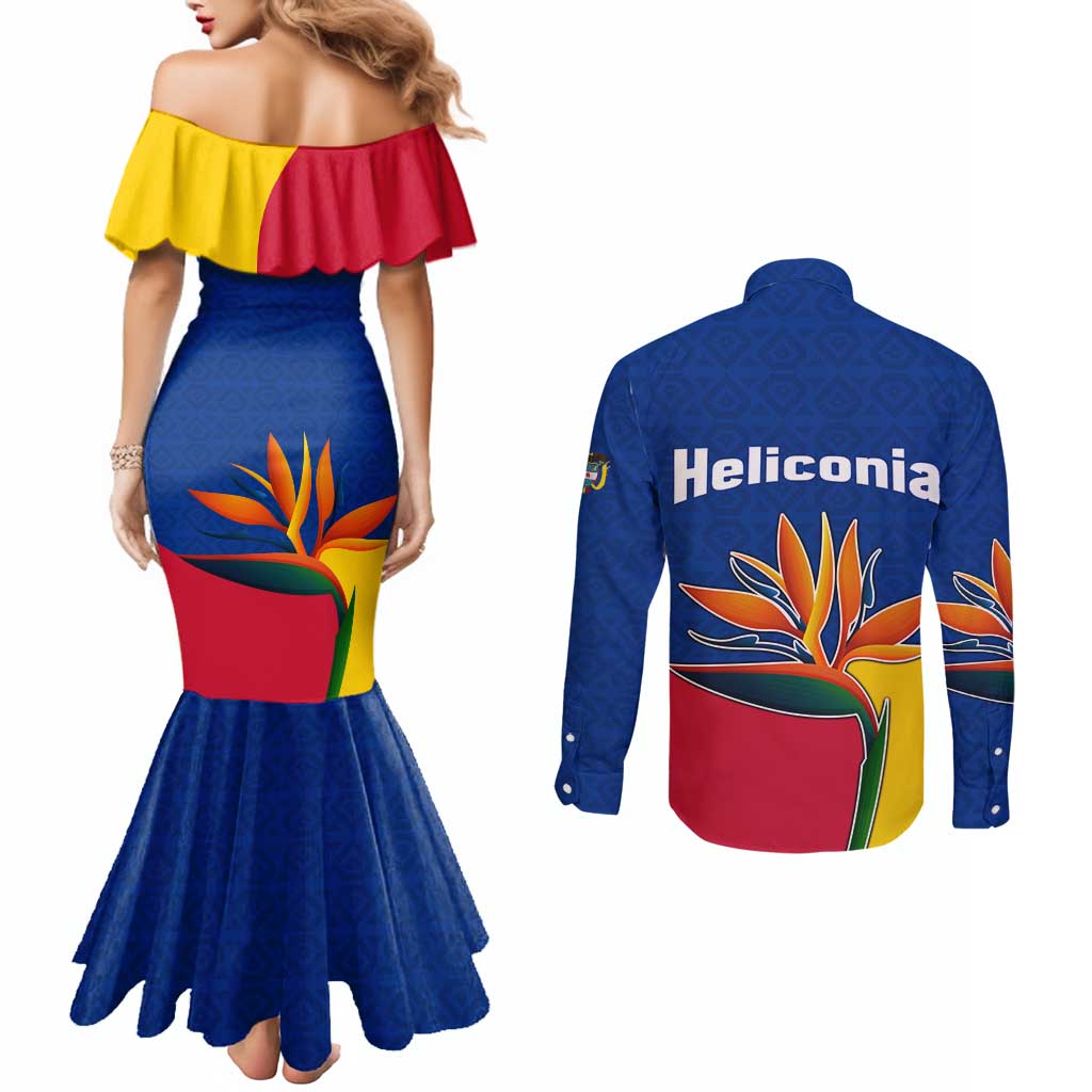 Colombia Heliconia Flower Couples Matching Mermaid Dress and Long Sleeve Button Shirt with Flag Colors and Blue Cultural Pattern Design - Wonder Print Shop